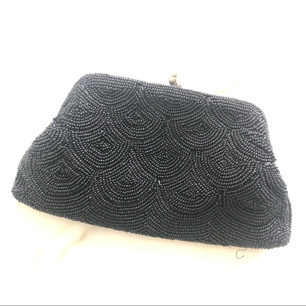 Vintage Black Art Deco Style Beaded Kiss Close Clutch Bag Japan 1950s-1960s